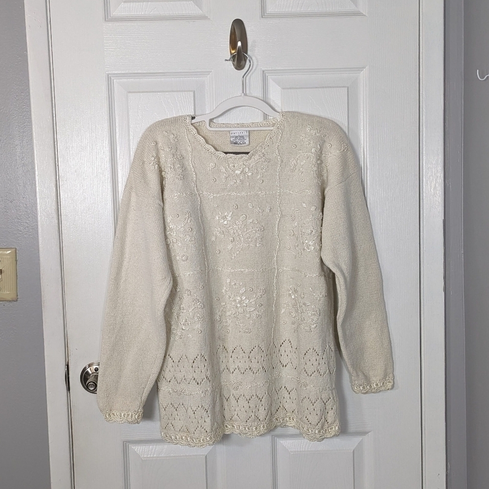 Vintage‎ 80s Embroidered Cream Beaded Sweater from Partners Size Large